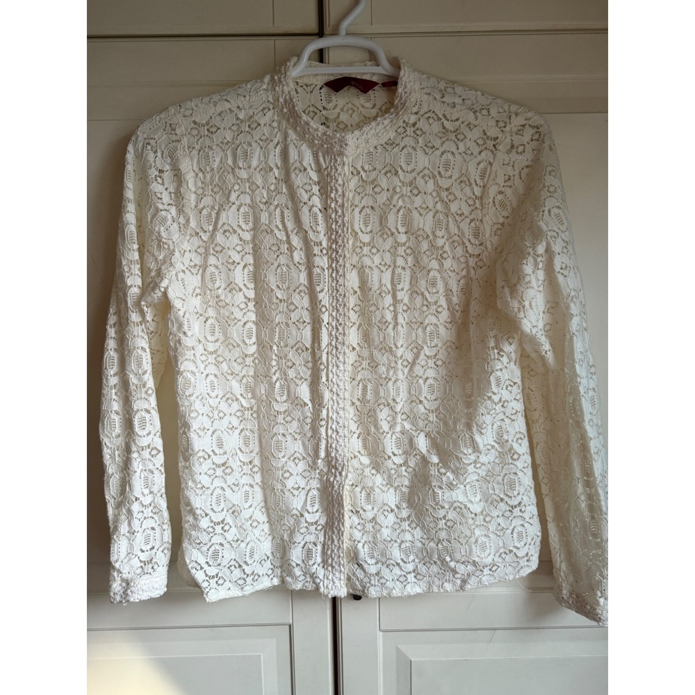 G.I.L.I. Cream Floral Lace Mock Neck Button Front Blouse Ivory Large